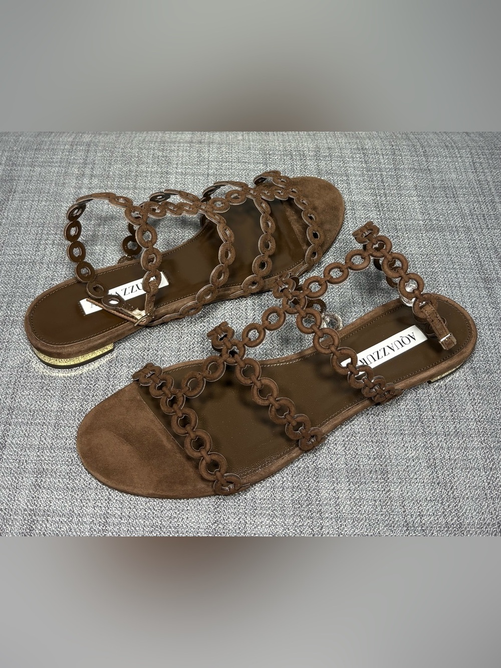 Aquazurra Women’s Infinity Chain Sandals Flat Esspresso Suede Size EU 37.5 - Picture 2 of 9